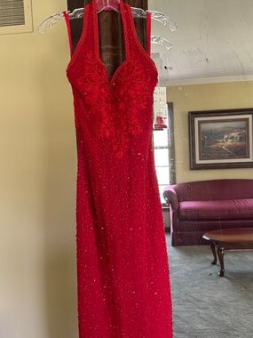 Red Beaded and Sequined Formal Evening Gown